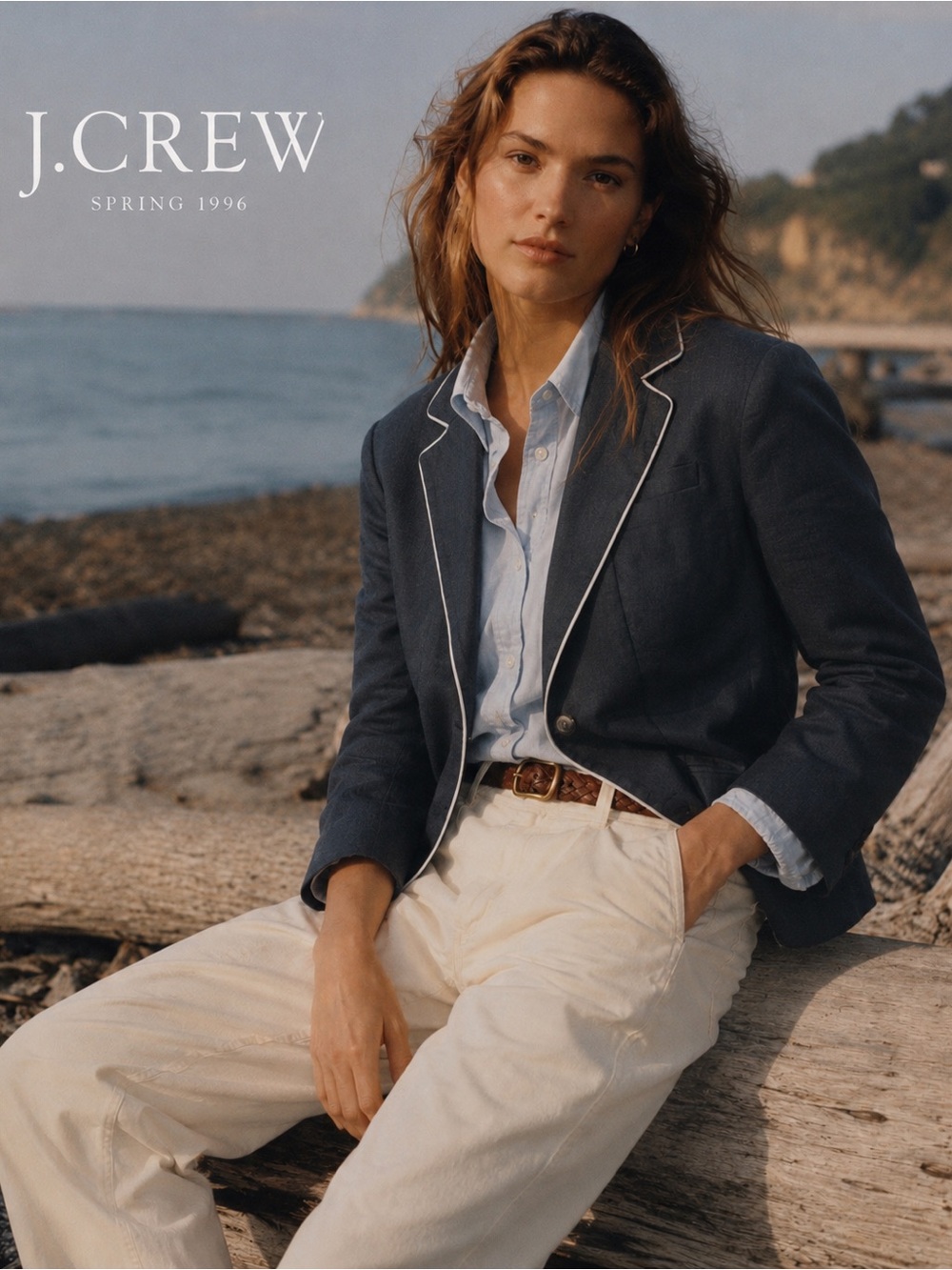J. Crew Black Linen Blend Blazer with White Piping Straight Tailored Silhouette